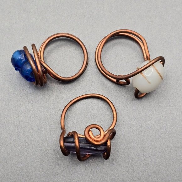 VTG Handcrafted Copper & Glass Bead Wire Rings Sizes 6 7 8 Multicolored - Picture 5 of 8